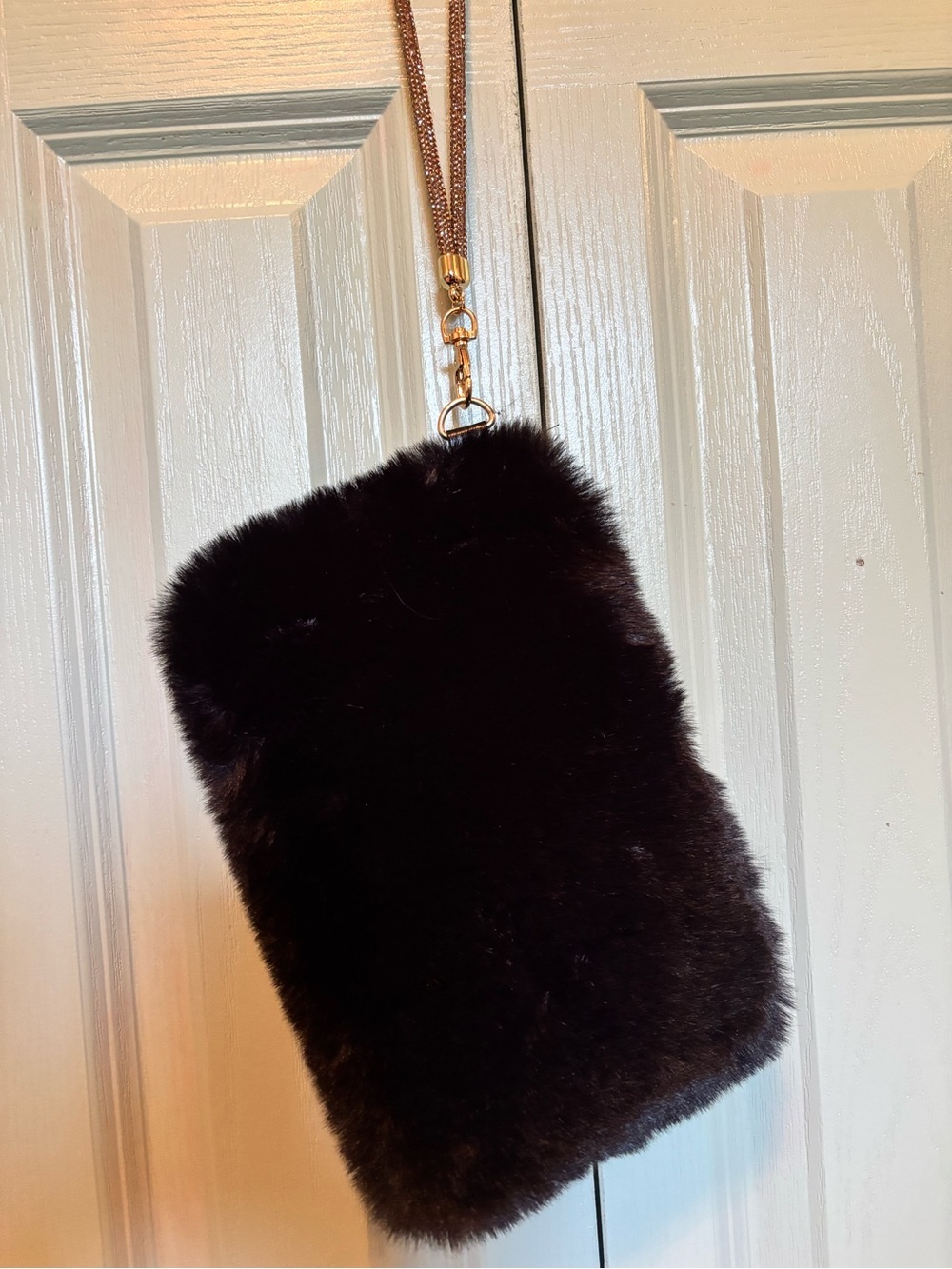 Faux Fur Phone Wristlet Bag in Dark Black